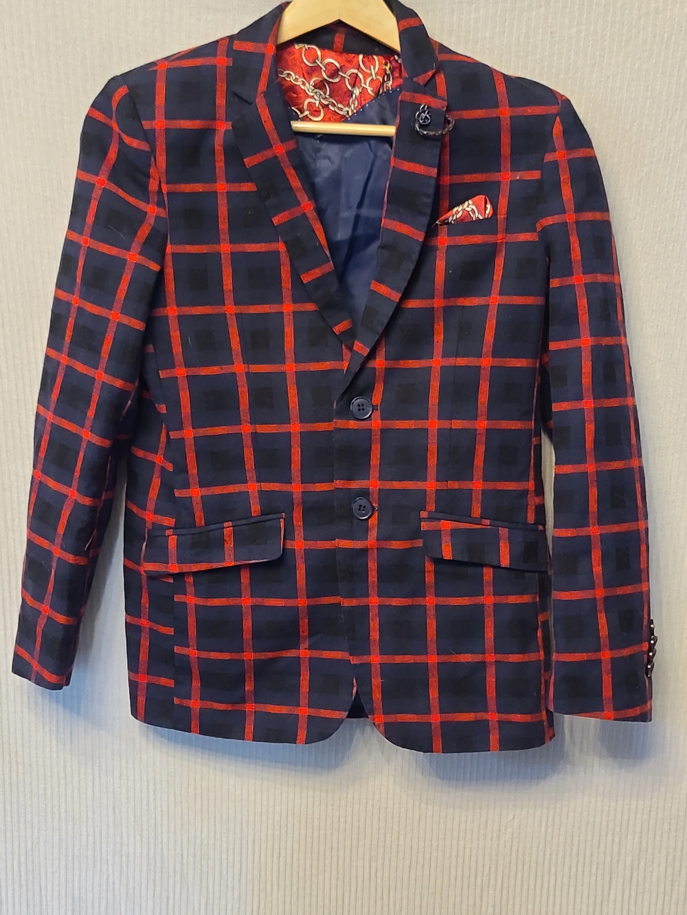 Boys Navy Blazer with Red Windowpane Check